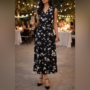 Black & White Floral Midi Dress Tie Waist Sleeveless Minimalist Career Size 16